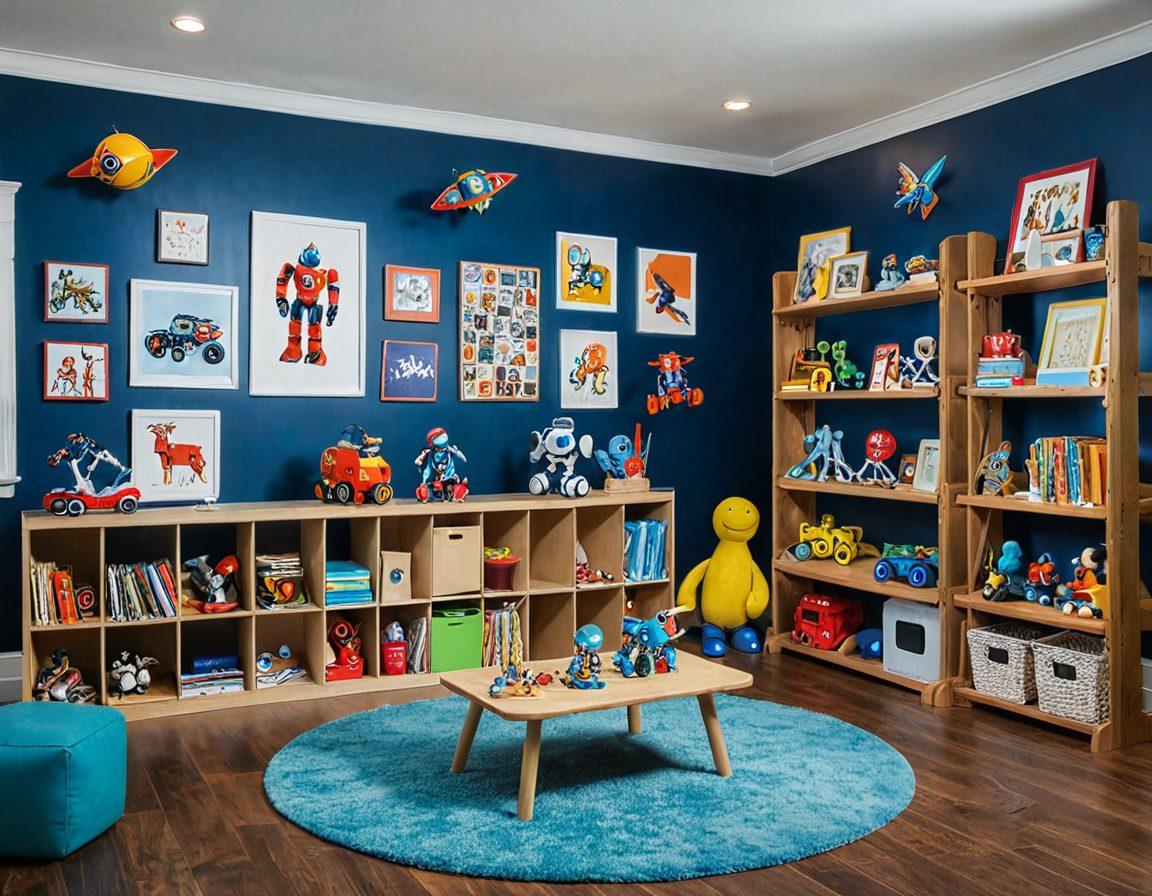 A vibrant collection of innovative and creative toys designed for teens, showcasing diverse interests like robotics, art kits, and outdoor games. Include a backdrop of a bright, imaginative playroom filled with colorful walls, shelves of toys, and an inspiring atmosphere. Emphasize elements of fun and creativity, like teens playing and engaging with the toys. super-realistic. vibrant colors. playful atmosphere.