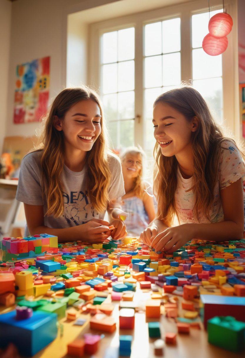 A vibrant scene depicting a group of diverse teenagers engaged in play with an assortment of creative and educational toys, such as building blocks, art supplies, and interactive gadgets. There's a lively atmosphere with colorful decorations in the background, showcasing a blend of fun and learning. Each teen is actively collaborating, sharing ideas, and expressing joy. The sun is shining through a window, symbolizing inspiration and creativity. super-realistic. vibrant colors. energetic composition.