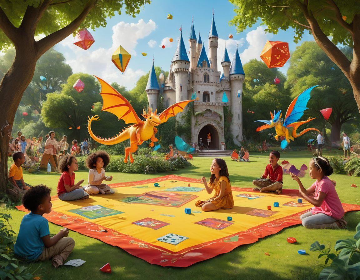 A vibrant scene depicting a diverse group of children engaged in various interactive games and activities in a colorful park. Some are playing strategic board games, while others are immersed in imaginative role-playing with cardboard castles and costumes. Elements like oversized dice, jungle gym structures, and floating thought bubbles filled with fantastical imagery surround them, enhancing the atmosphere of creativity and adventure. playful art style. bright colors. whimsical elements.